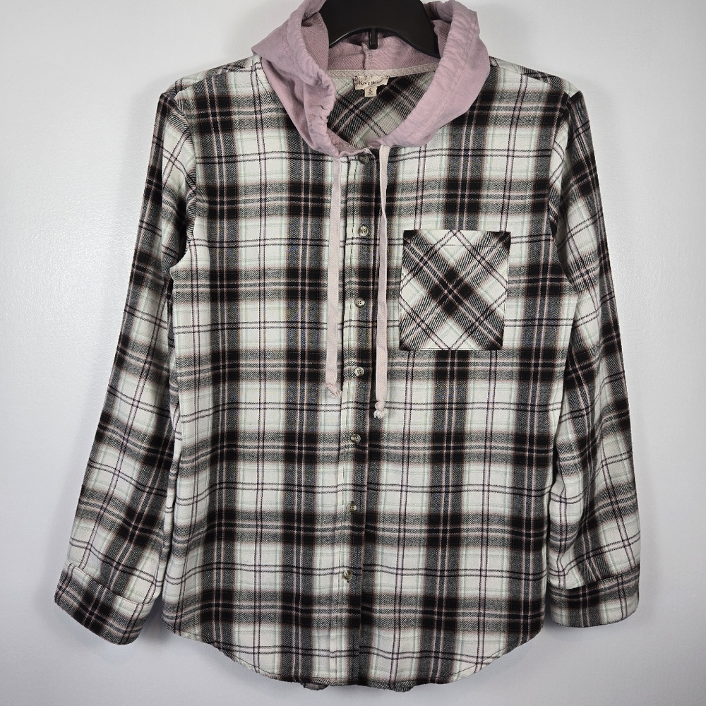 Hem & Thread Long Sleeve Button Down Hoodie Grunge Plaid Shirt Size Large